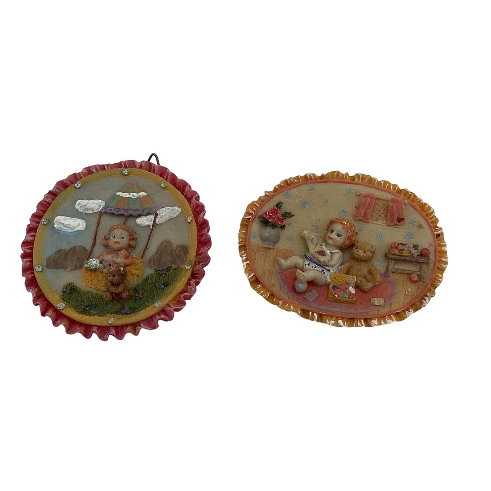 Vintage Sophia-Ann 3D‎ Wall Plaques Nursery Girl Teddy Bear Set of 2 Rhinestones